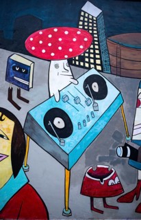 Mural toadstool as DJ at the mixing desk