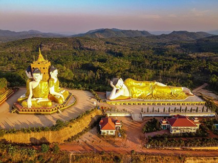 Aerial of the huge sitting and reclining buddhas Ko Yin Lay