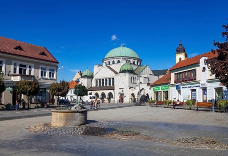 Jewish synagogue on the main square with Aquarius fountain Vodnik