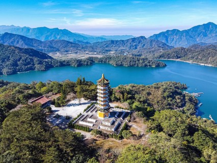 Aerial over the Ci'en Pagoda and Sun Moon Lake