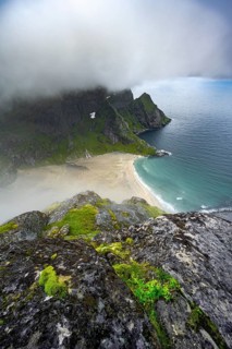 View from Helvetestinden to the beach of Bunes
