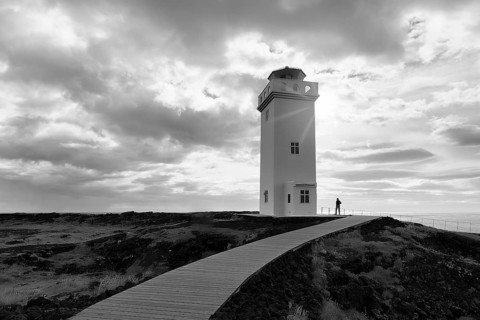 Lighthouse Skalasnagaviti or Svoertuloft in the backlight