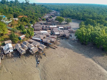 Aerial of Fishing village on stilts in the mangroves of the Mergui or Myeik Archipelago