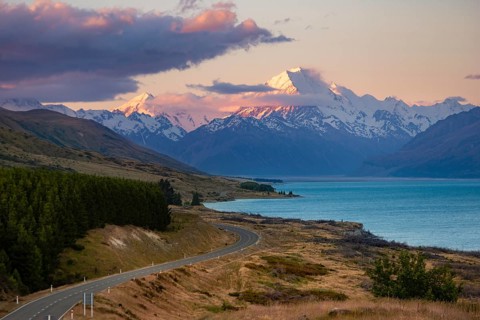 View of Mount Cook with road and lake