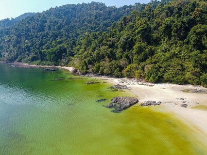 Aerial of a White sand beach on Thel Ni Aw island
