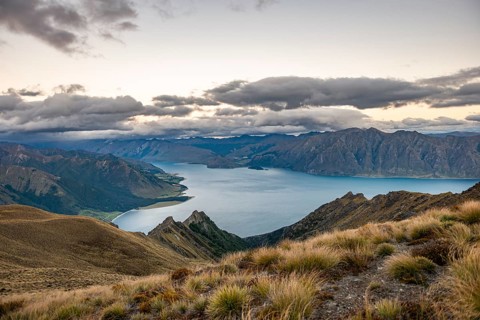 View of Lake Hawea with cloudy sky