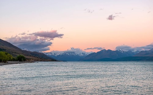Lake Pukaki with view of Mount Cook at sunset