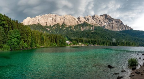 Eibsee lake in front of Zugspitze massif with Zugspitze