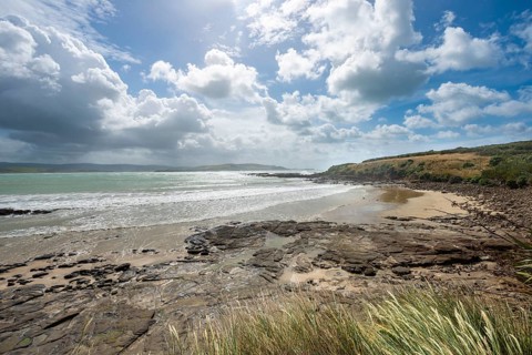 View of sandy beach and sea at Curio Bay