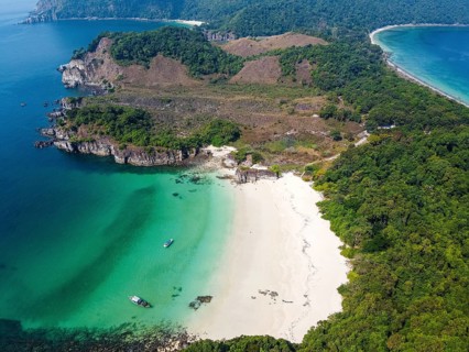 Aerial of a white sand beach on Smart island
