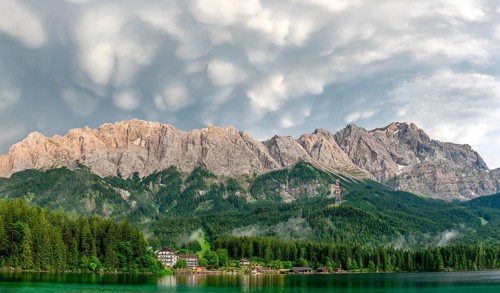 Eibsee lake in front of Zugspitze massif with Zugspitze