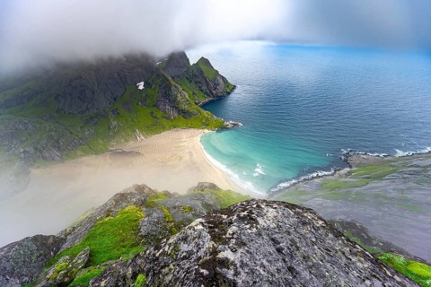 View from Helvetestinden to the beach of Bunes