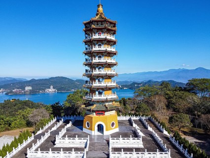 Aerial over the Ci'en Pagoda and Sun Moon Lake