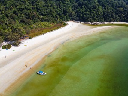 Aerial of a White sand beach on Thel Ni Aw island