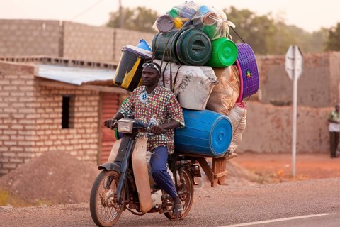 Loaded motorcycle with driver