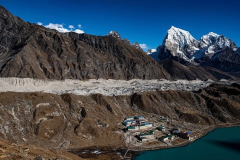 View from Renjo La Pass 5417 m to the east on Himalaya with Gokyo Lake and Gokyo