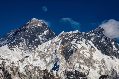 View in the evening light from Renjo La Pass 5417 m to the east on Himalaya with Mount Everest