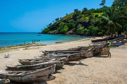 Wooden fishing boats in the fishing village Morro Peixe in northern Sao Tome