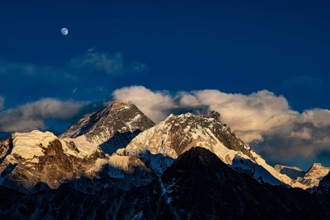 View in the evening light from Renjo La Pass 5417 m to the east on Himalaya with Mount Everest
