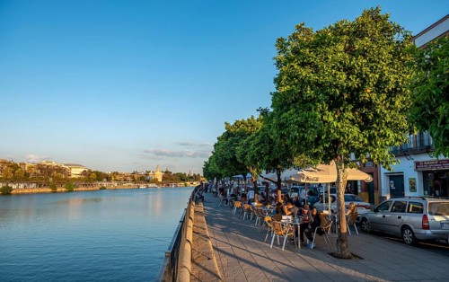 Waterfront promenade on Calle Betis in Triana with the river Rio Guadalquivir