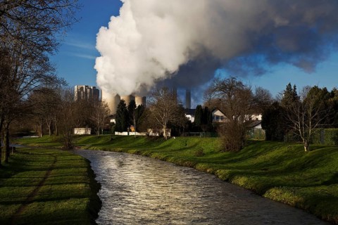 The river Inde with the Weisweiler lignite-fired power plant