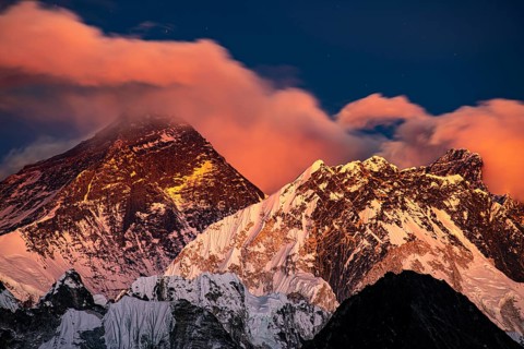 View in the evening light from Renjo La Pass 5417 m to the east on Himalaya with Mount Everest