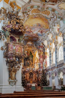 Altar room with pulpit inside the Wieskirche