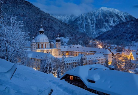 View of the village with the monastery at dusk