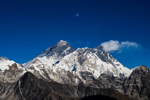 View in the evening light from Renjo La Pass 5417 m to the east on Himalaya with Mount Everest
