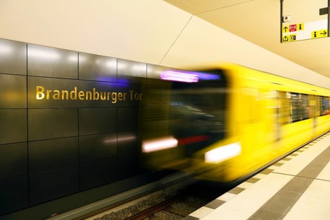 Train entering the new station Brandenburg Gate of the underground line U5
