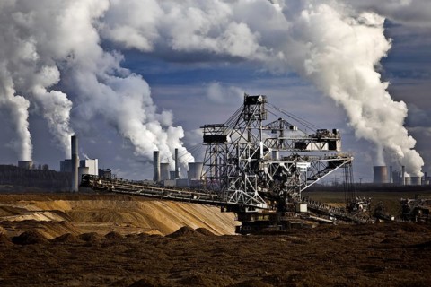Opencast lignite mine with stacker and power plants