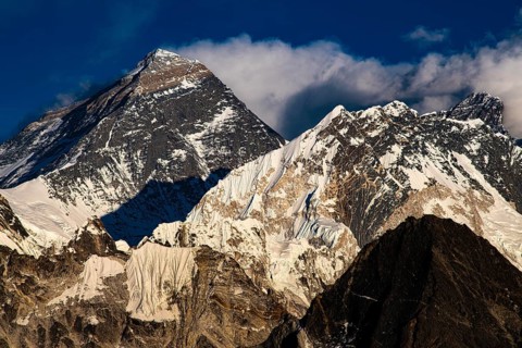 View in the evening light from Renjo La Pass 5417 m to the east on Himalaya with Mount Everest