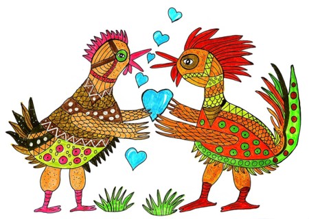 Two chickens with hearts