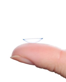 Contact lens on a finger against a white background