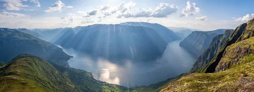 View from the top of the mountain Prest to the village Aurlandsvangen and the fjord Aurlandsfjord