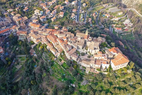 Aerial view mountain village Gorbio above Menton