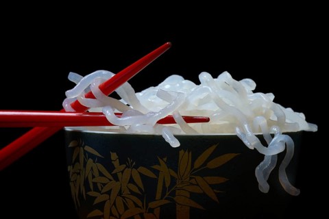 Shirataki noodles made from konjac flour in a bowl with chopsticks