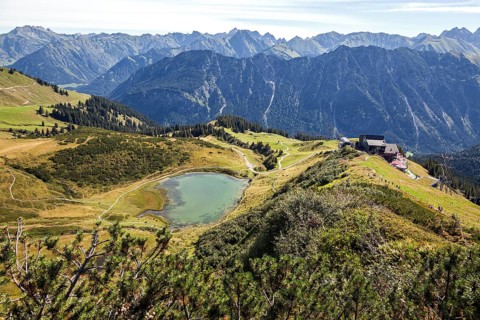 View from Fellhorn ridge to Schlappoldsee and Allgaeu Alps