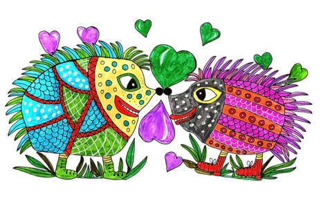 Two hedgehogs with hearts