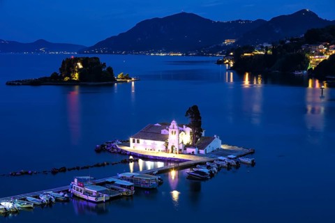 Corfu Vlachernon Vlacherna evening church Kanoni island trip boat