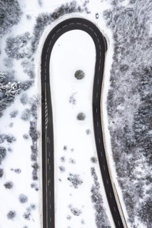 Winter snow road serpentine aerial photo near Albstadt curve