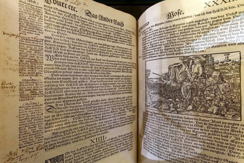 Luther Bible from 1545 at Wartburg Castle with handwritten annotations by Martin Luther