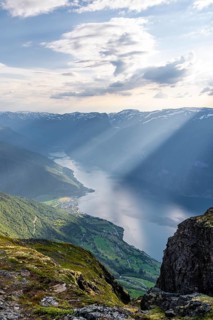 View from the top of the mountain Prest to Aurlandsvangen and fjord Aurlandsfjord