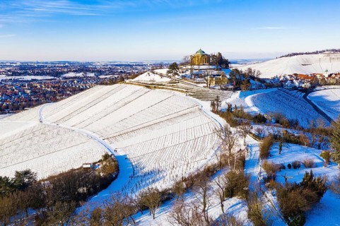 Aerial view grave chapel on the Wuerttemberg in winter