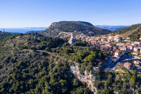 Aerial view La Turbie above Monaco with Roman victory monument Tropaeum Alpium or Trophee des Alpes in honour of Emperor Augustus