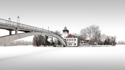 Frozen and snowy island of youth in Treptower Park