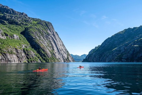 Kayaks on the fjord Trollfjord at Raftsund