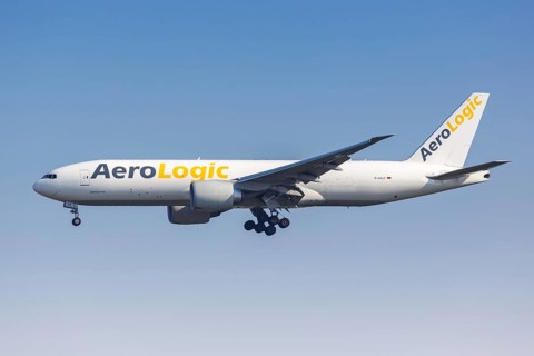 A Boeing 777F aircraft of AeroLogic with registration D-AALE at Leipzig Halle Airport