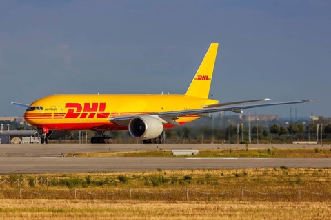 A Boeing 777F aircraft of DHL with registration D-AALP at Leipzig Halle Airport