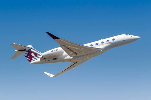 A Qatar Executive Gulfstream G650ER aircraft with registration number A7-CGA at Hong Kong Airport